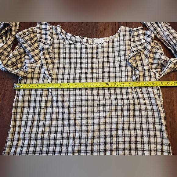 LOFT Women's Small Black Tan Plaid Ruffled Shoulder 100% Cotton Casual Top Shirt - Picture 12 of 12